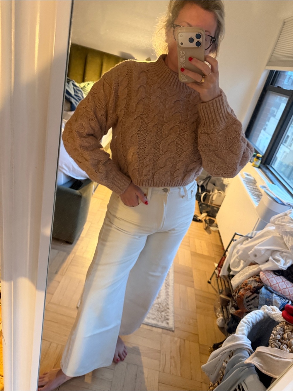 Altar'd State Cable Knit Cropped Turtleneck Sweater in Dusty Mauve